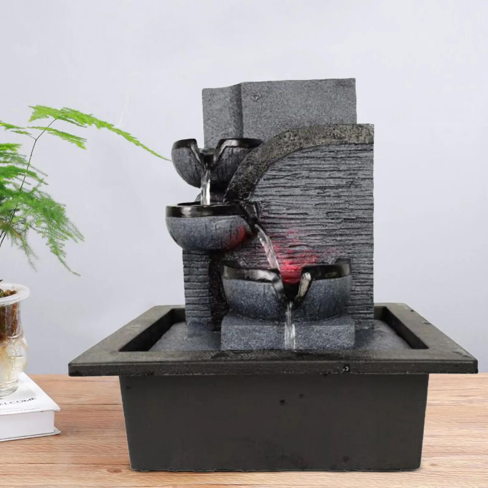Zen-Tischbrunnen mit LED-Licht und Wasserfall, Innenbrunnen aus Kunstharz mit Feng Shui-Steineffekt für Meditation, Entspannung und Geschenk