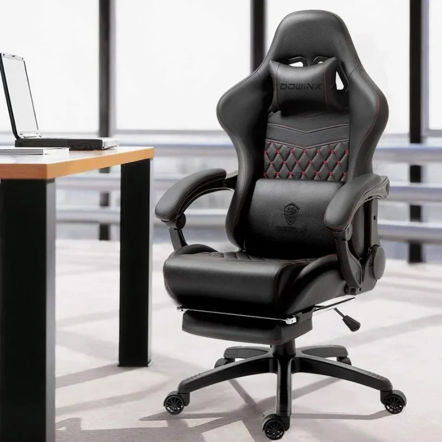 Gaming Chair Big and Tall for Office Home Use, PU Leather, Black, Ergonomic Design with Footrest and Massage Lumbar Support, 35