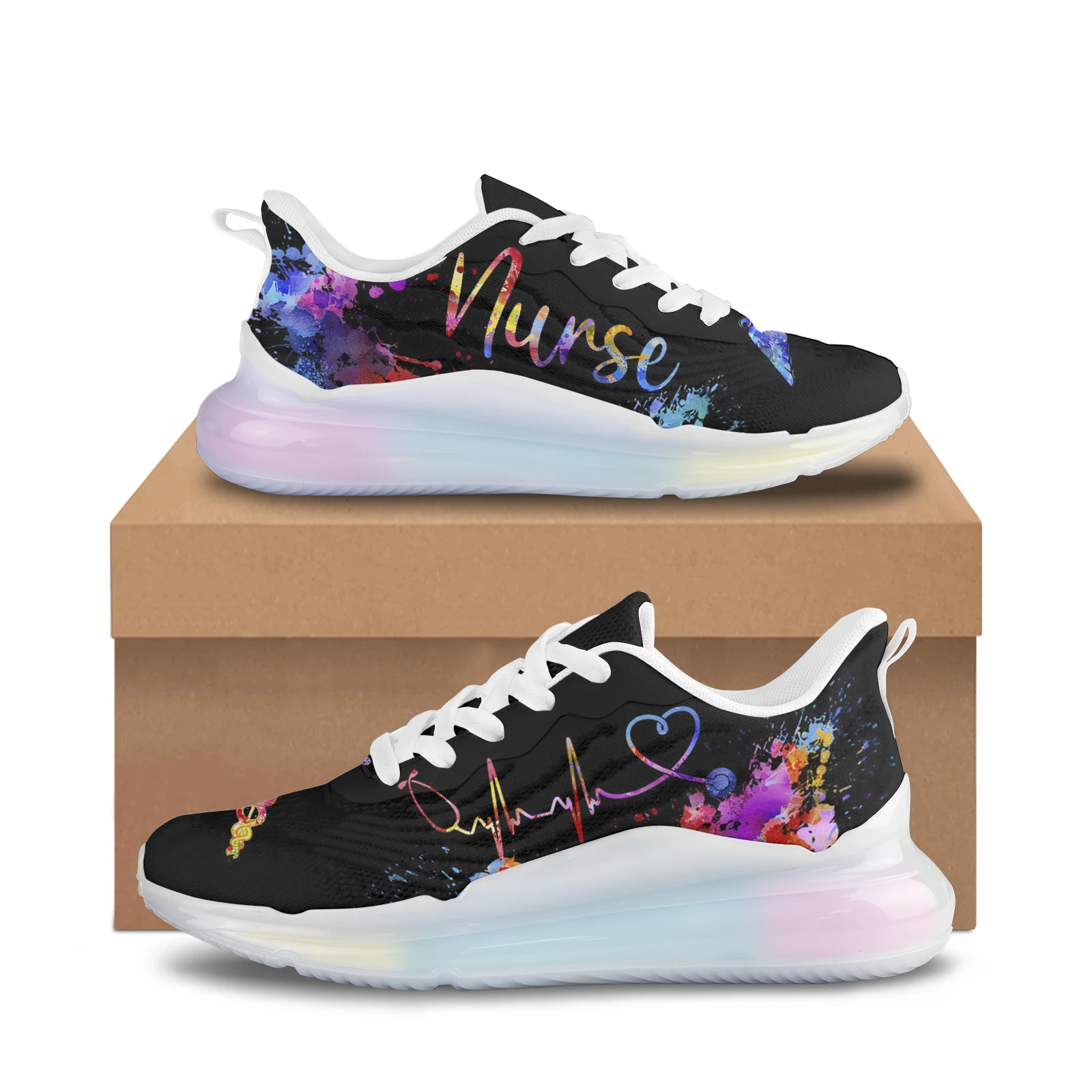 Fashion Colorful Graffiti Nurse Heartbeat Prints Shoes Sneakers Soft Soled Women Running Shoes Light Lace Up Running Shoes