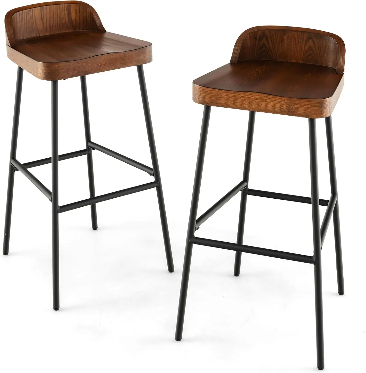 

29" Bar Height Bar Stools Set of 2, Industrial Wood Barstools with Metal Legs, Chic Low Back, Curved Seat Surface, Max L