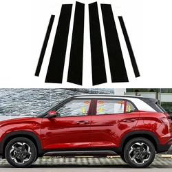6pcs Set Glossy Black Pillar Post Door Side Window Trim Cover Decal Sticker Car accessory  Fit for Hyundai Creta Ix25 2020-2023