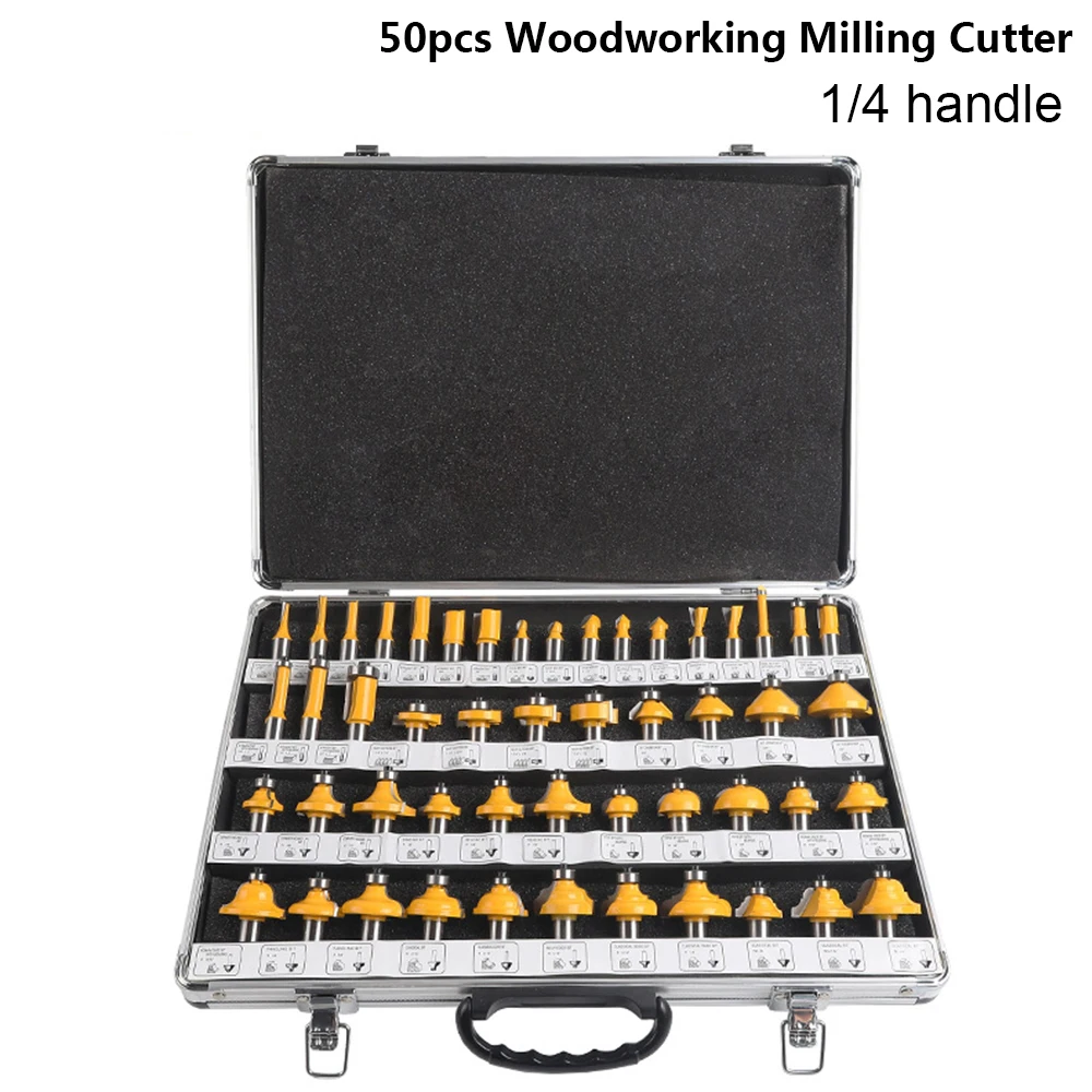 50 pcs  1/4   Shank DIY Woodworking Drill Bit Set Mills for Wood Flush Straight Chamfer Trimming Carving Tools Aluminum box