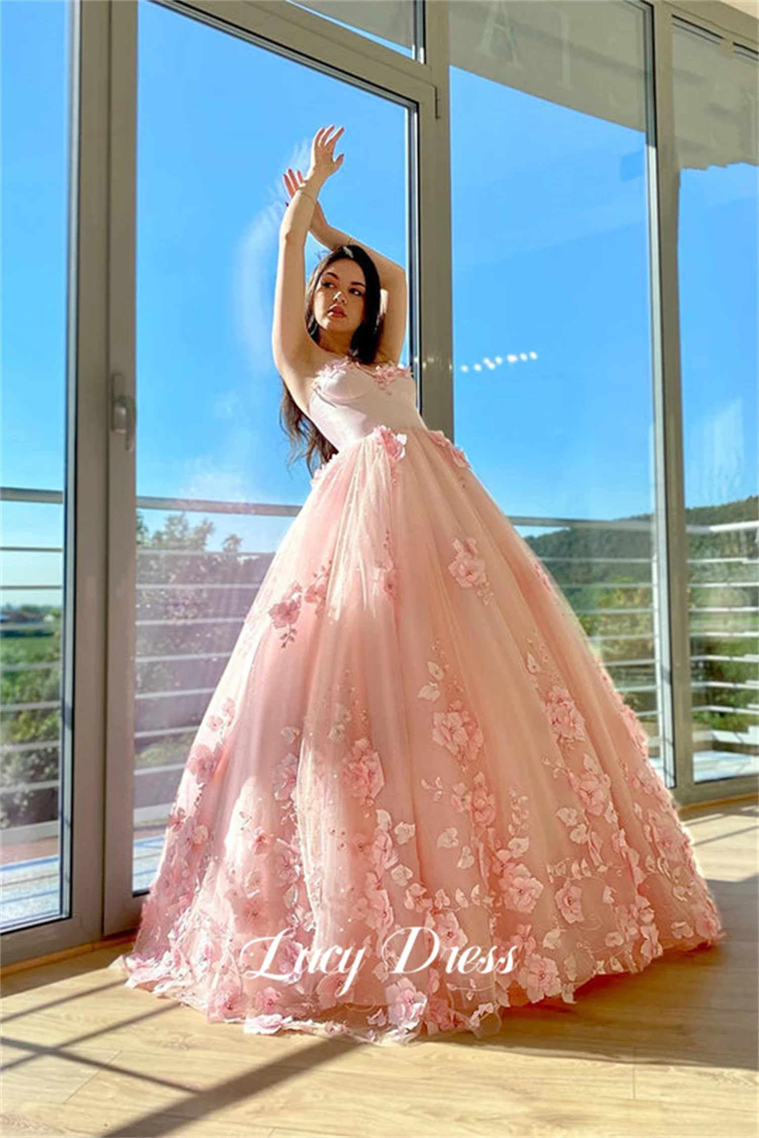 Lucy 3D Flower Decoration Coming of Age Dress Ball Gown Formal Occasion Fluffy Pink Gala Dresses Woman 2024 for Party Evening