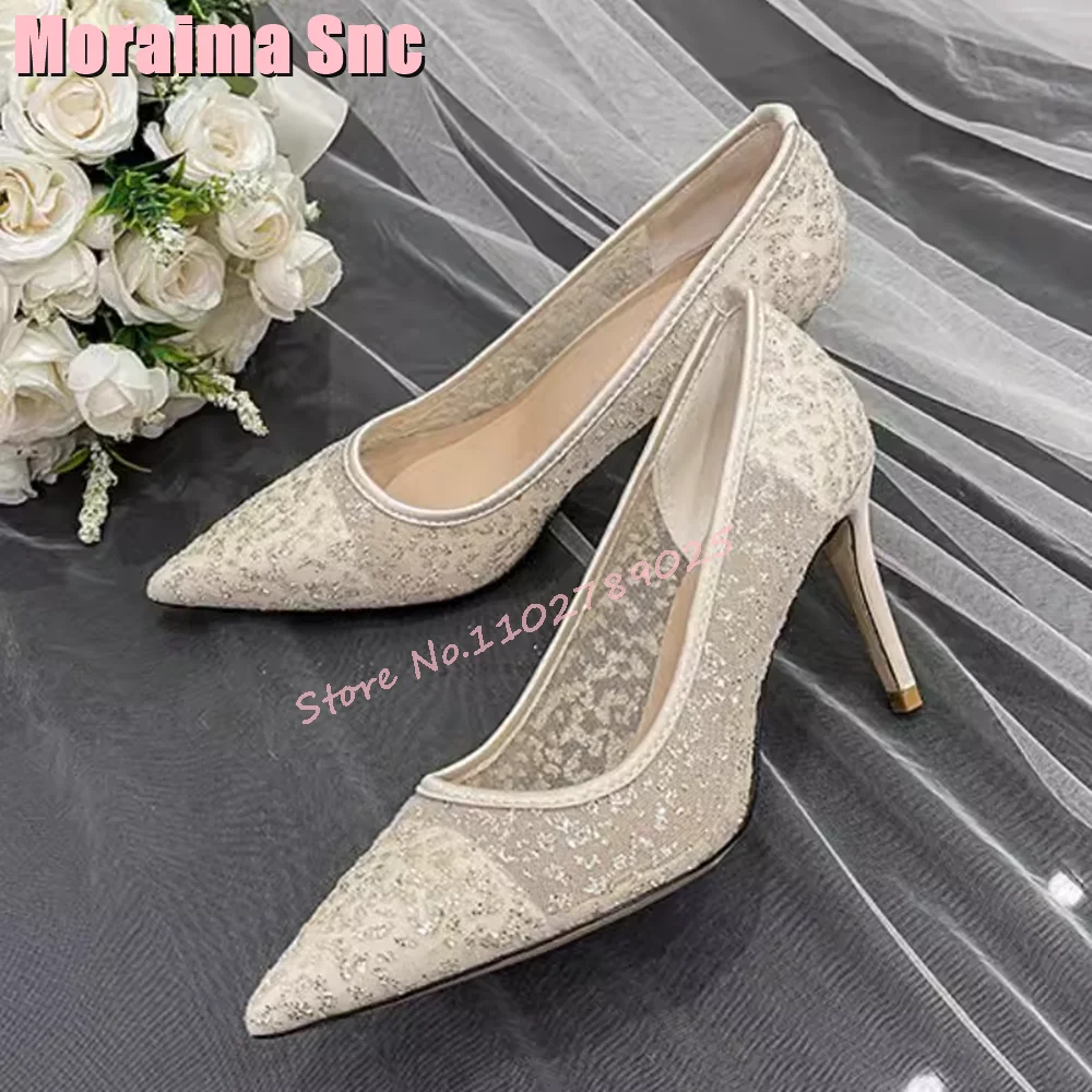 Bling Mesh Pointed Toe Shallow Pumps Sequined Stiletto High Heel Slip On Sexy Concise Women\'s Wedding Shoes White Solid 2024 New