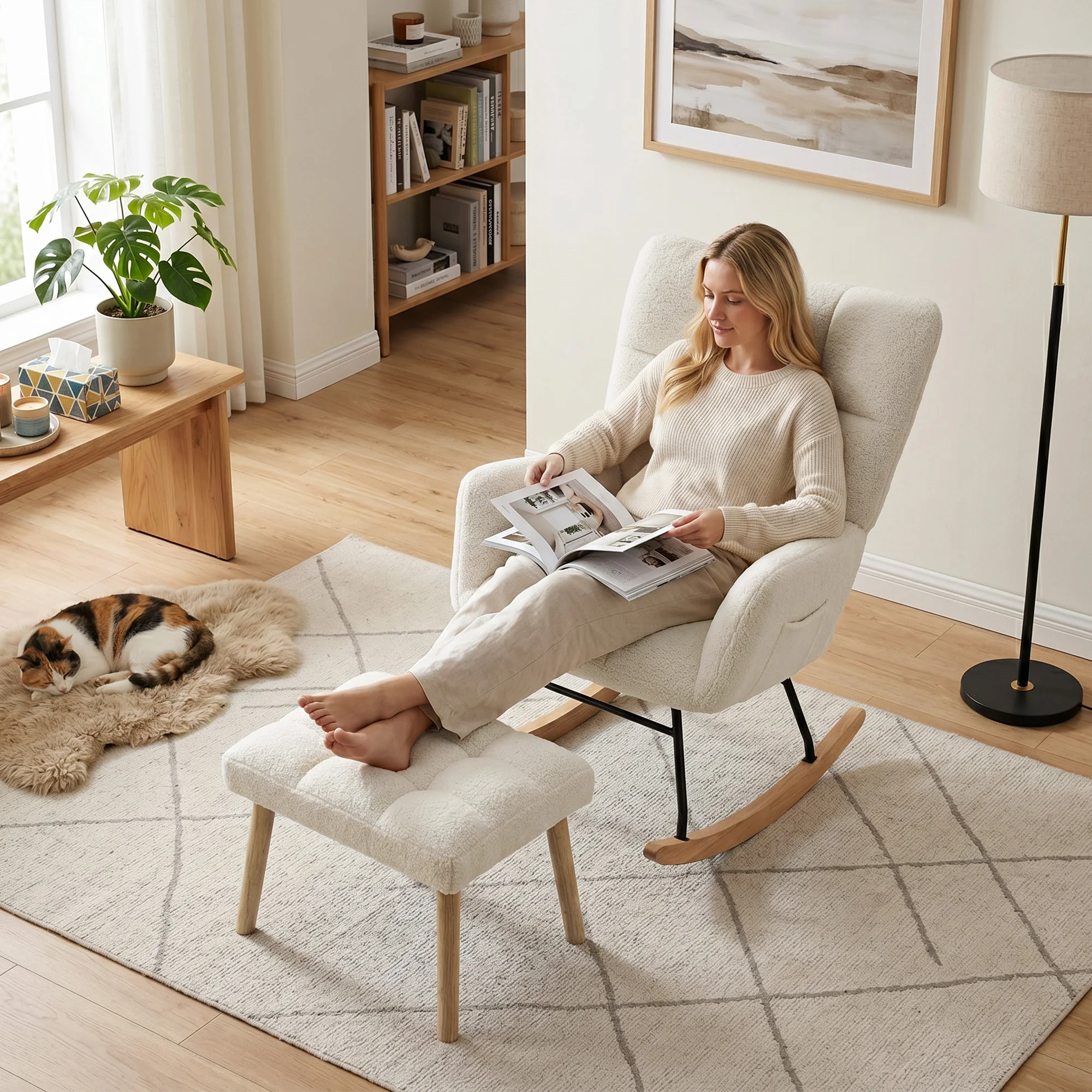 HOMCOM Fauteuil à Bascule avec Repose-Pieds, Rocking Chair en Tissu Bouclette, Assise Rembourrée, Dossier Large, Crème