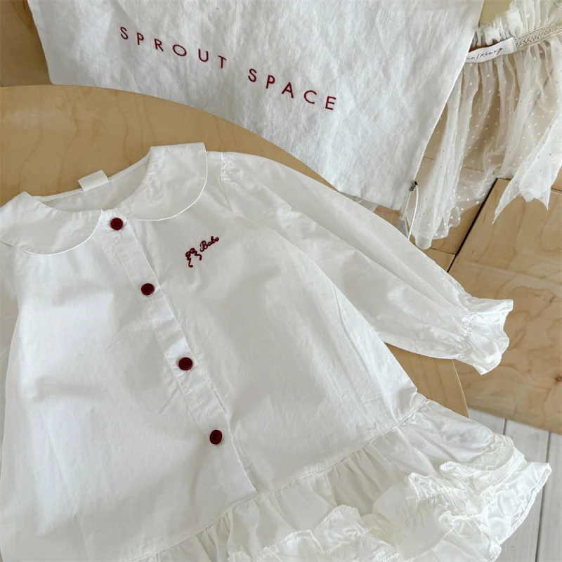 01-Style coréen vêtements pour enfants automne filles dentelle col de poupée à manches longues chemise robe bébé Base robe enfants princesse D
