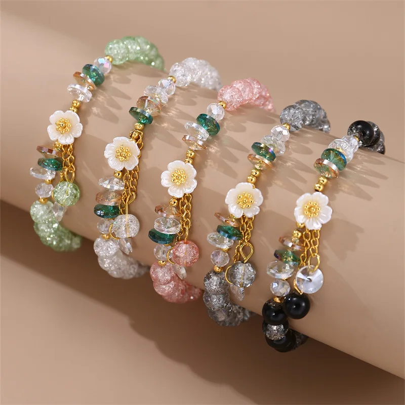 Colorful Camellia Crystal Bracelet Flower Beads Glass Beaded Bracelet Valentines Bracelet Armband Gift For Women Girls Jewelry