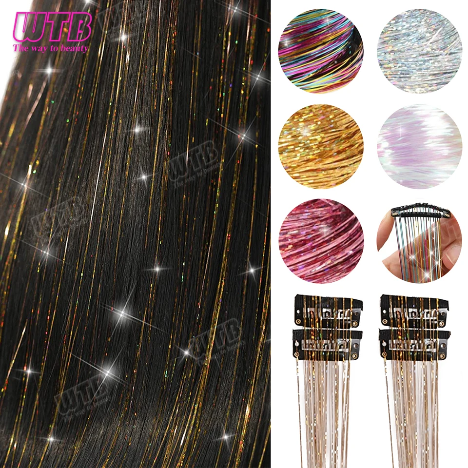 12Pcs Hair Tinsel Clip In Glitter Tinsel Hair Extensions Clip In Hair Shiny Sparkle Fairy Hair Accessories For Women Girls Kids