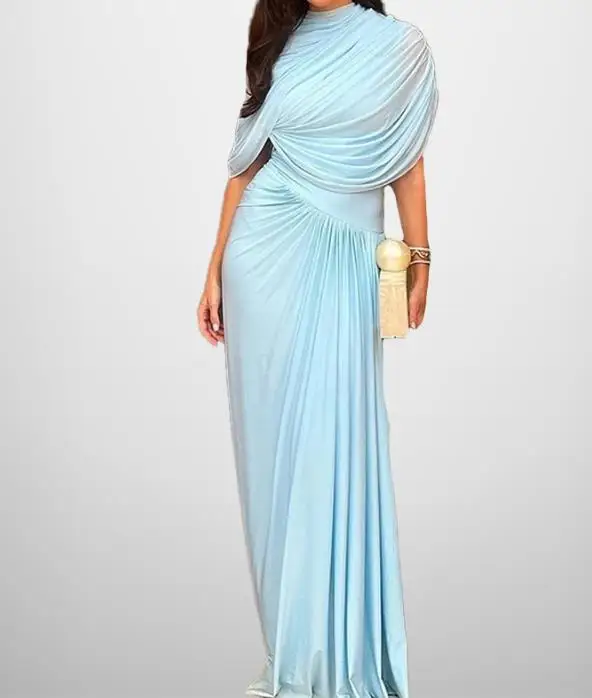 

Women's Dress Summer New French Fashion Elegant Style Solid Color Round Neck Pleated Splicing High Waist A-Line Banquet Dress