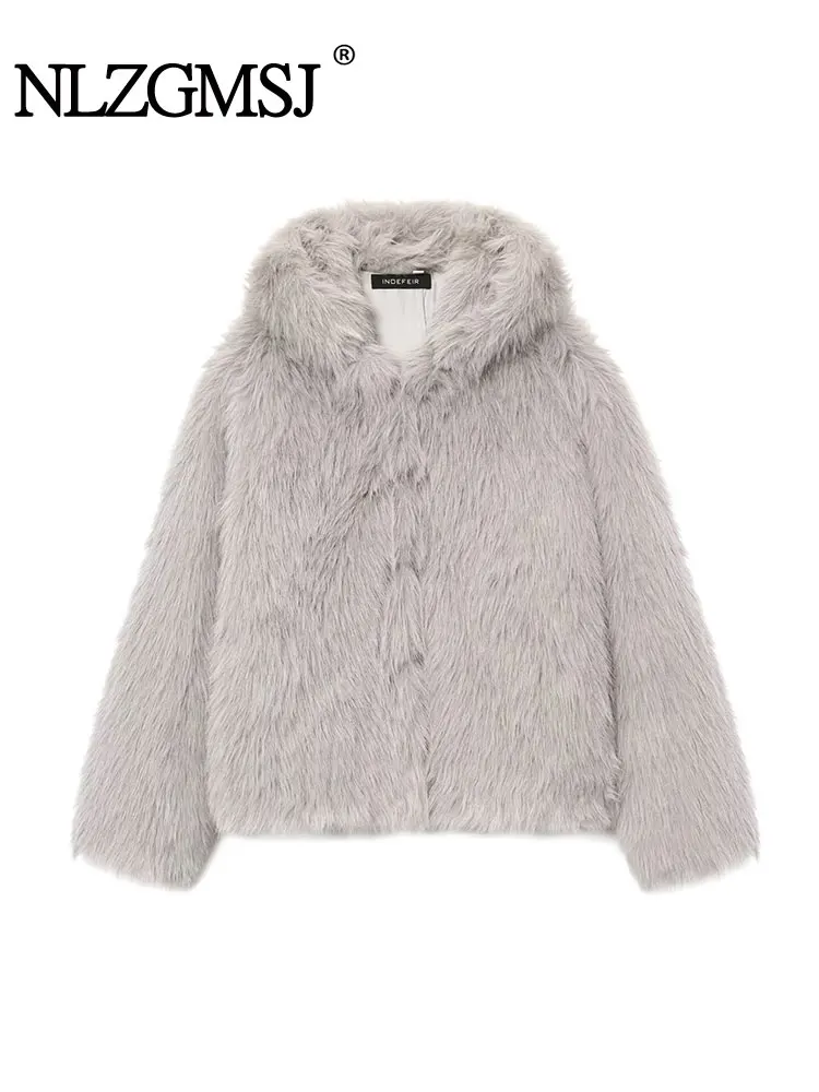 

NLZGMSJ Women Faux Fur Jacket 2025 Winter Fashion Solid Long Sleeves Hooded Fur Short Jacket Women Hight Street Leisure Coat