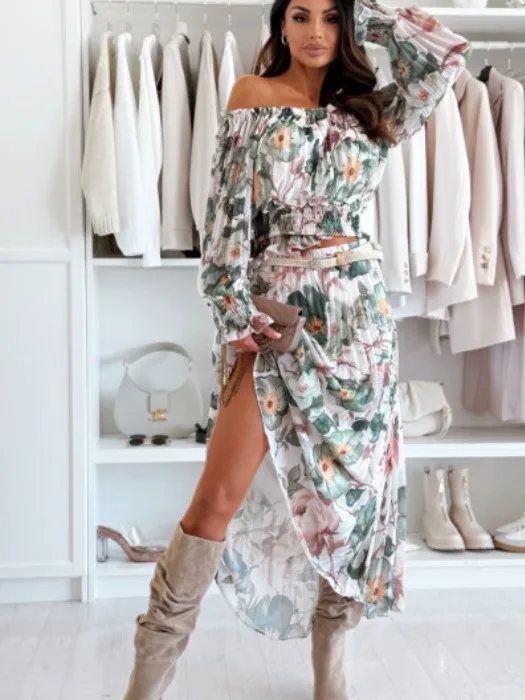 

Summer New Fashion One-Shoulder Big Flower Print Long Sleeve Shirt And Pleated Skirt Two-Piece Set Women's Polyester Fiber