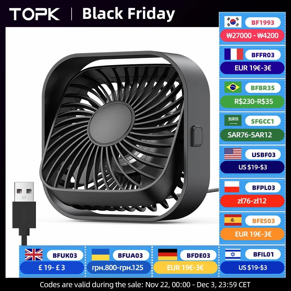 TOPK USB Portable Mini Fan,Desk Personal Electric Fan Table ,Standing Fans for Room,3 Speed Wind 360°Rotatable for Camping Quie