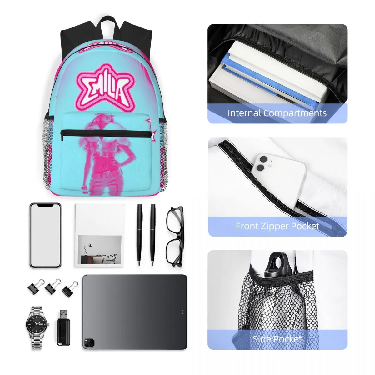 Emilia Mernes กระเป๋าเป้สะพายหลังนักเรียนกระเป๋านักเรียนเดินป่ากระเป๋าเดินทาง Daypack สําหรับชายหญิงแฟชั่น Bookbag กระเป๋าสะพาย