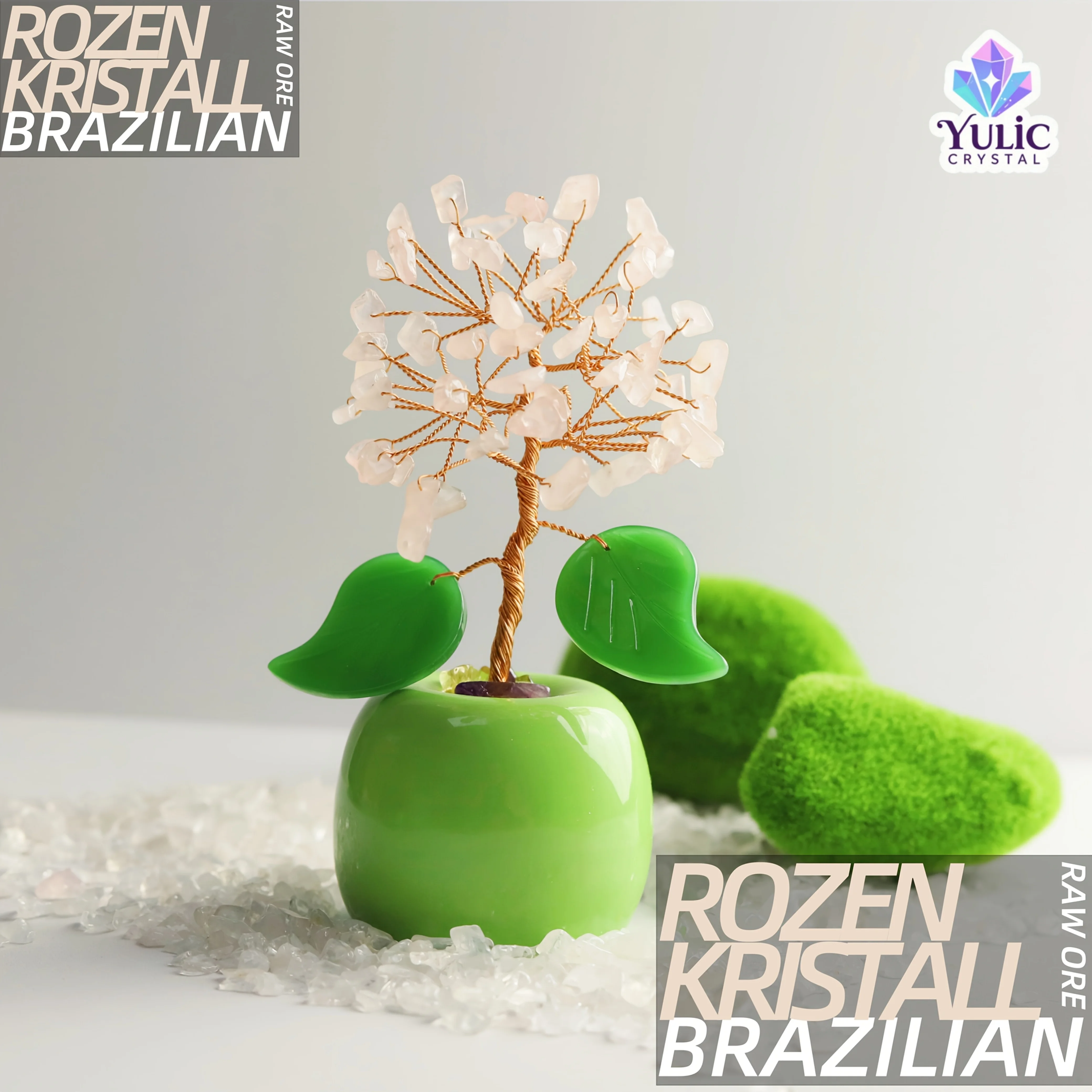 Árbol de cristal de cuarzo rosa, decoración de árbol de cristal de piedras preciosas rosas, adorno de ORE crudo brasileño, arte hecho a mano de alambre de cobre