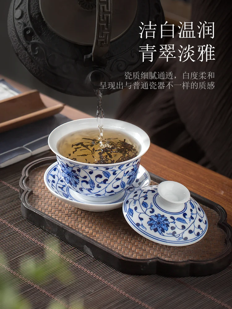 Jingdezhen Hand-Painted Blue and White Porcelain Cover Teacup Non-Scald Single Porcelain Tea Making Gaiwan Exquisite