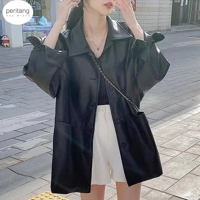 PERITANG South Korea Chic Leather Coat, New Classic Retro Polo Collar, Single-Breasted Loose Outerwear, Black Long Sleeve