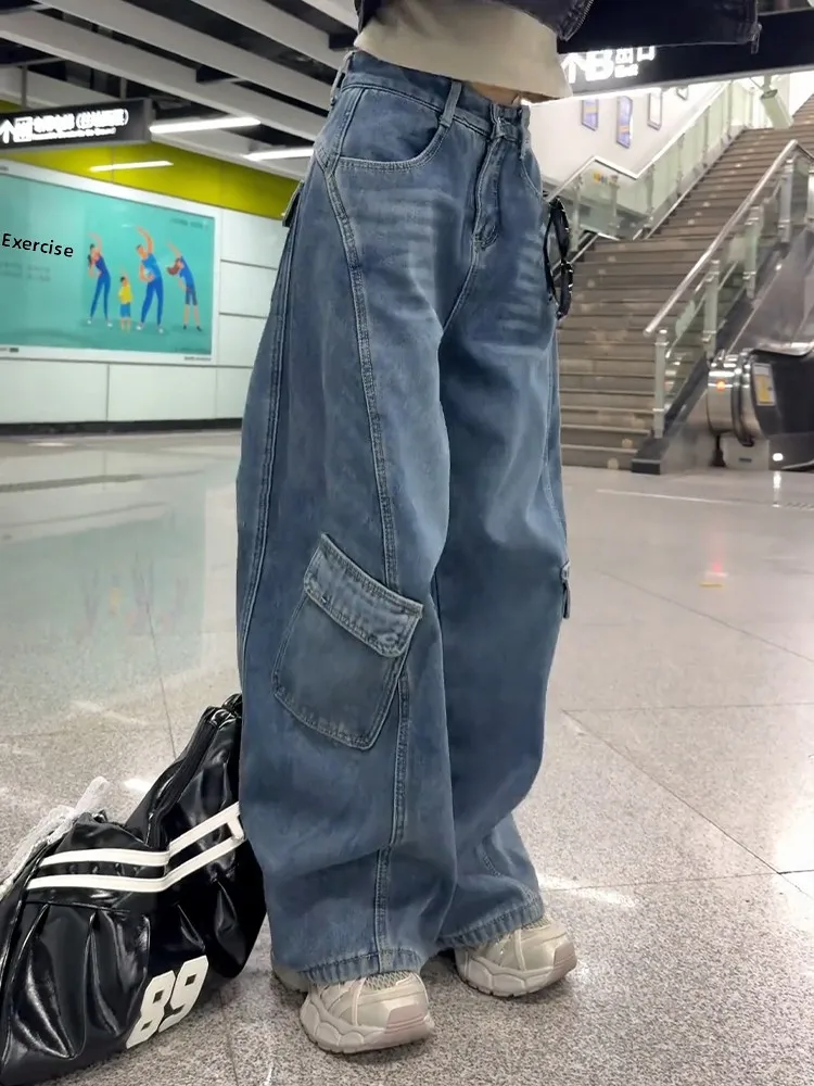 

Синие джинсы с косым кроем, мужские и женские, в американском стиле, с широкими штанинами, слегка расклешенные, рабочие брюки