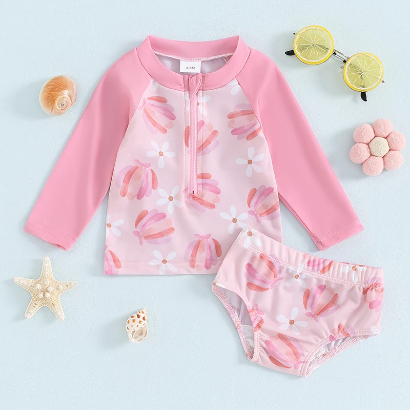 6M-4T Toddler Girls Two Piece Swimsuits Long Sleeve Seashell/Bird Print Rash Guard Bathing Suit Summer Swimwear