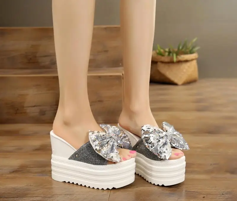 Butterfly-Knot Shoes Slippers Casual Slipers Women Platform Heeled Mules Slides On A Wedge Luxury Summer 2024 High Cotton Fabric