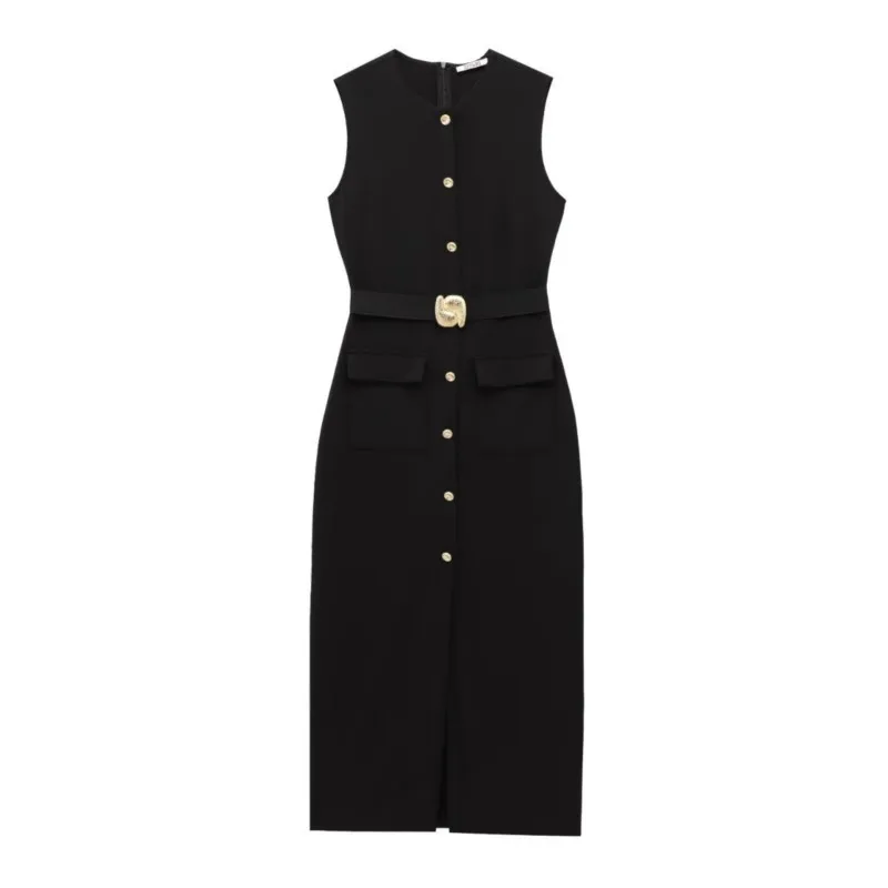 

Women's Dress Black Long Dresses Spring Summer 2025 Button Up Sleeveless Sundress Vestidos Elegant Casual Women's Dresses