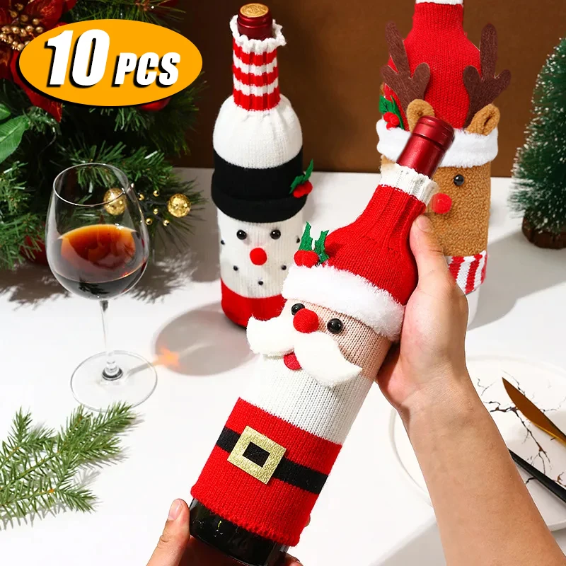 3/5/10PCS Christmas Sweater Wine Bottle Cover Set Santa Snowman Knitted Wine Bottle Bag Christmas Party Dinner Table Decoration