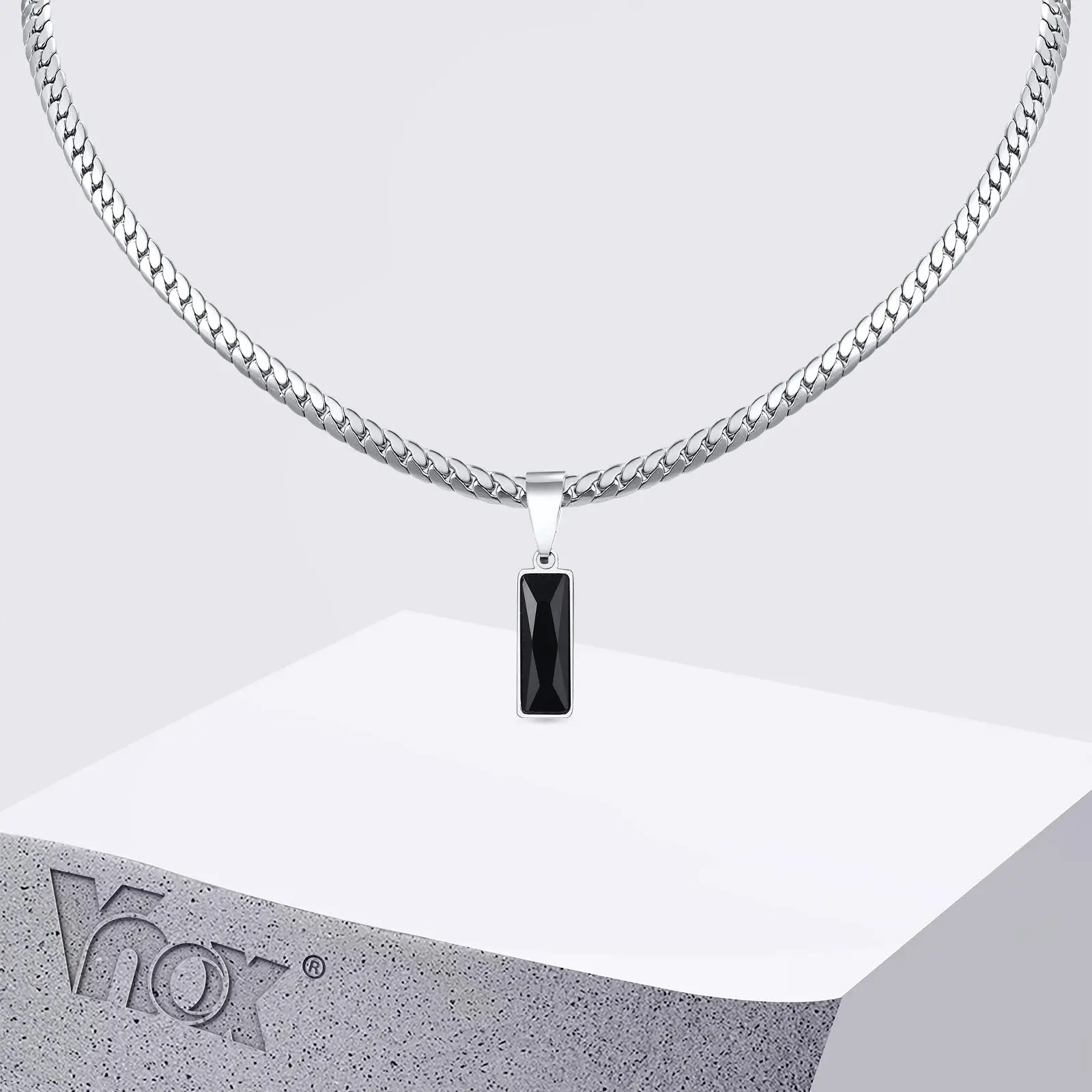 

Vnox Men's Stainless Steel Flat Cuban Chain Adjustable Necklace with Square Black Zircon Pendant, Hip Hop Jewelry Gift for Him