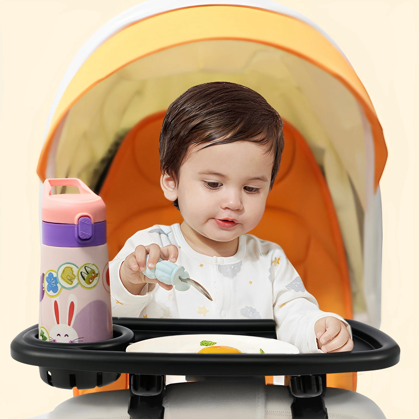 Nampan Camilan Kereta Dorong dengan Tempat Cangkir Nampan Makanan Kereta Dorong Universal Nampan Camilan Bayi yang Dapat Dilepas dengan Gesper dan Pengait yang Dapat Disesuaikan