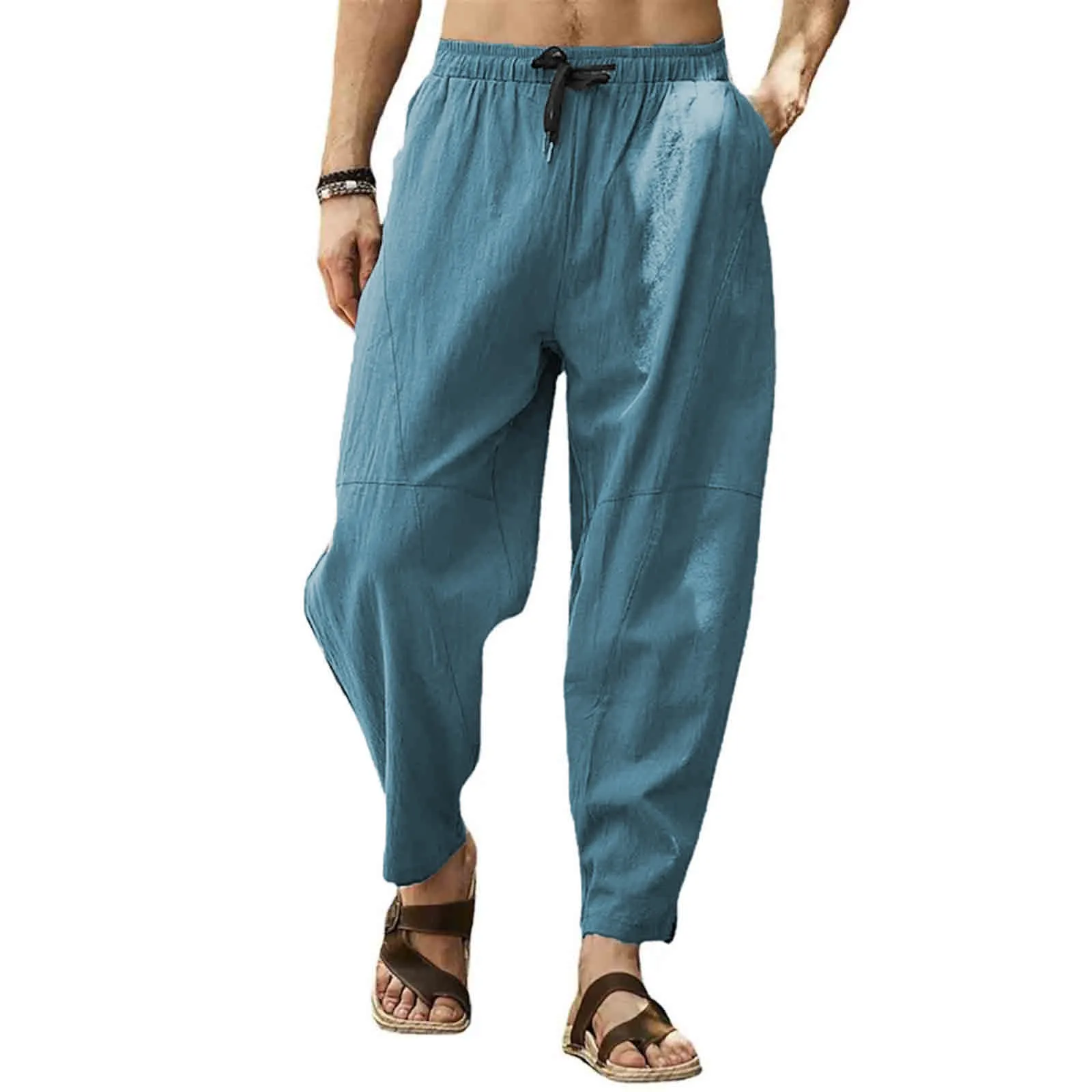 Men Spring And Summer Pant Casual All Solid Color Cotton Loose Trouser Fashion Beach Pant Open for Men