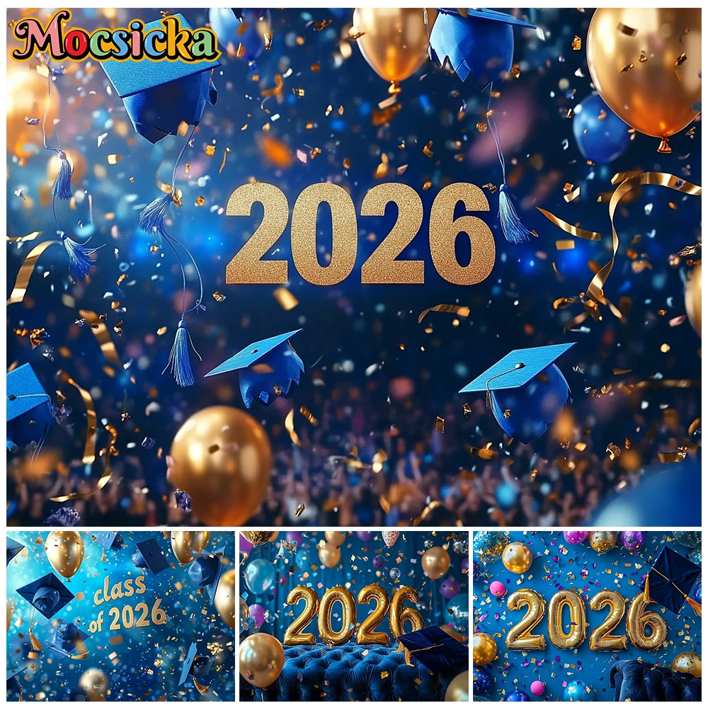 Mocsicka Class Of 2026 Photography Wall Background Graduation Party Blue Decor School Student Portrait Backdrop Studio Wallpaper