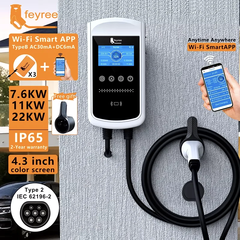 feyree Type2 EV Charger 32A 7.6KW Charging Station Car Charger 11KW 22KW 3Phase EVSE Wallbox 4.3inch Screen Smart APP Control