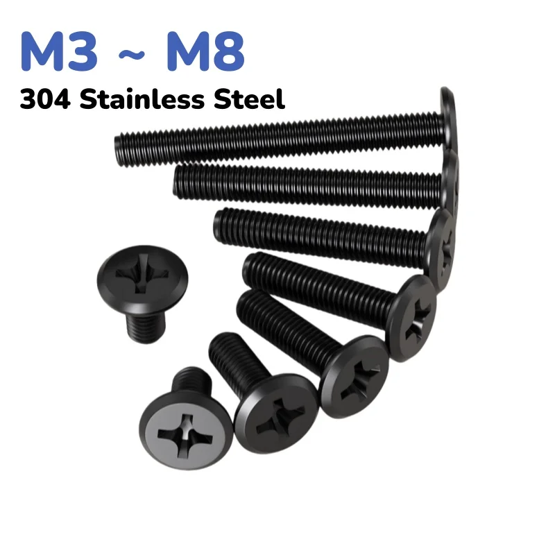 Black 304 Stainless Steel M3 M4 M5 M6 M8 Cross Socket Large Flat Head Countersunk Screw Bolt Length 4 ~ 50mm