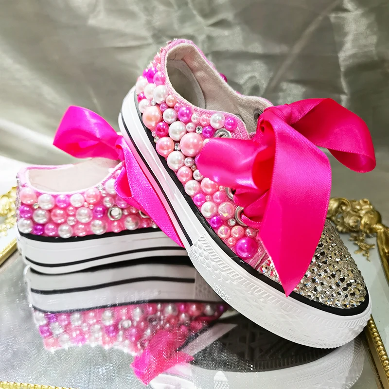 Low Top Pearls Shoes Kids Canvas Shoes DIY For Girl Communion Customized Shoes Dollbling Handmade Bling Rainbow Pearls Sneakers