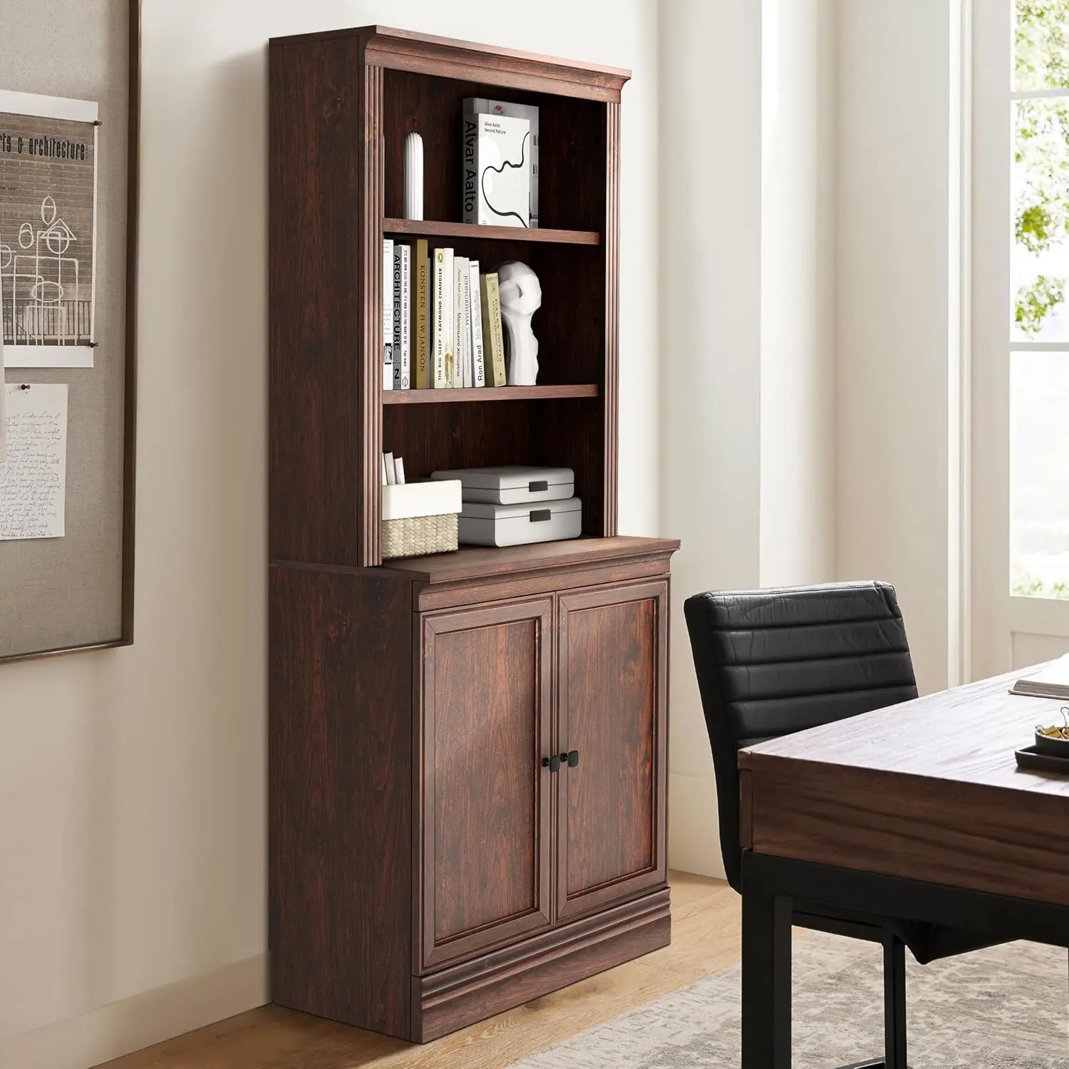 Multi-Depth 5-Tier Storage Cabinet With Doors, Dark Wood Finish, Customized