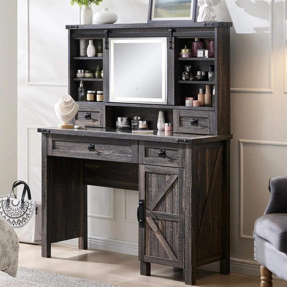 

Rustic 42-inch Glass Top Makeup Vanity Desk with Sliding Mirror, 2 Drawers, and Lighting