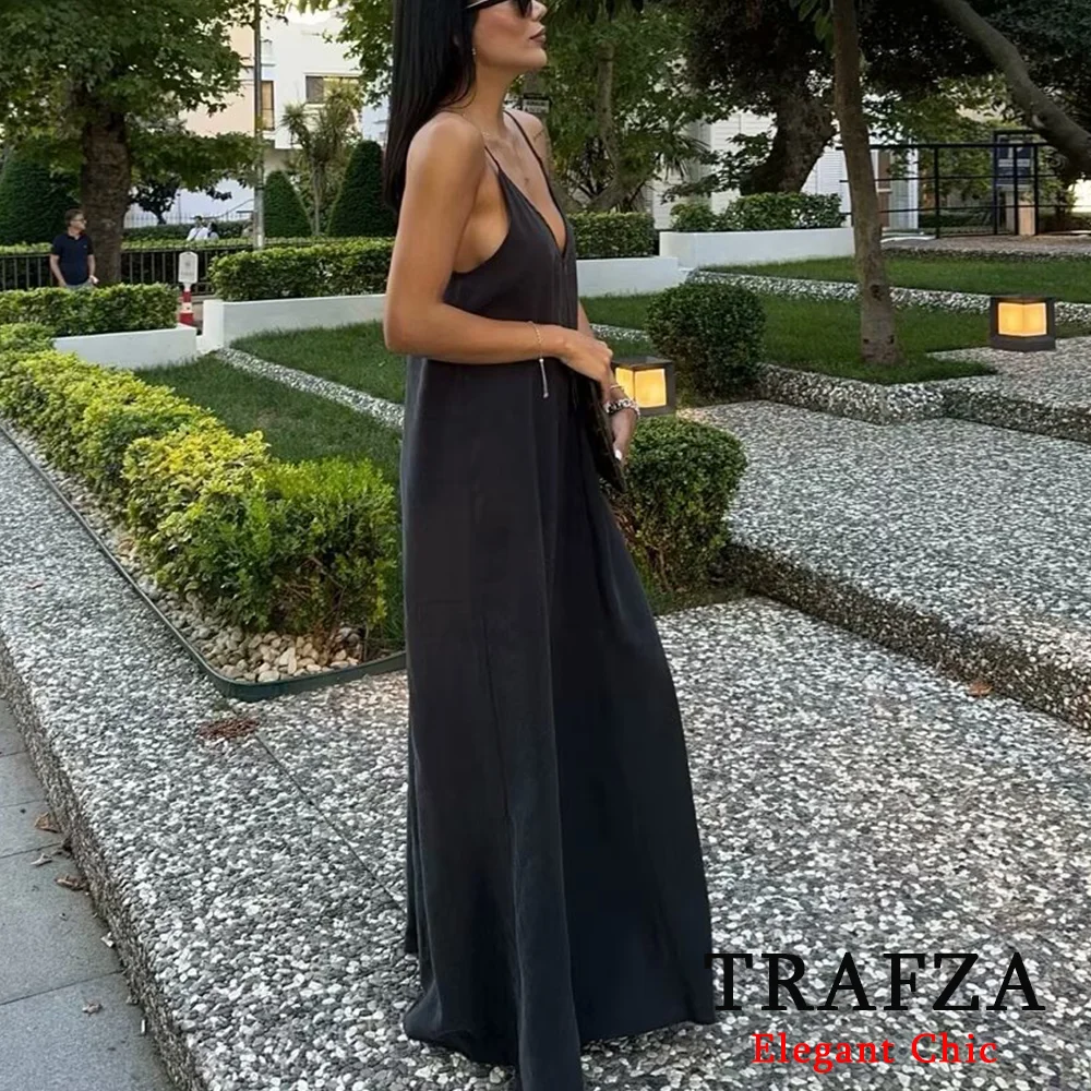 TRAFZA Vintage Elegent Solid Halter Women Dress Fashion 2024 Summer Flutter Cami Midi Dress Beach Party Holiday Evening Dress