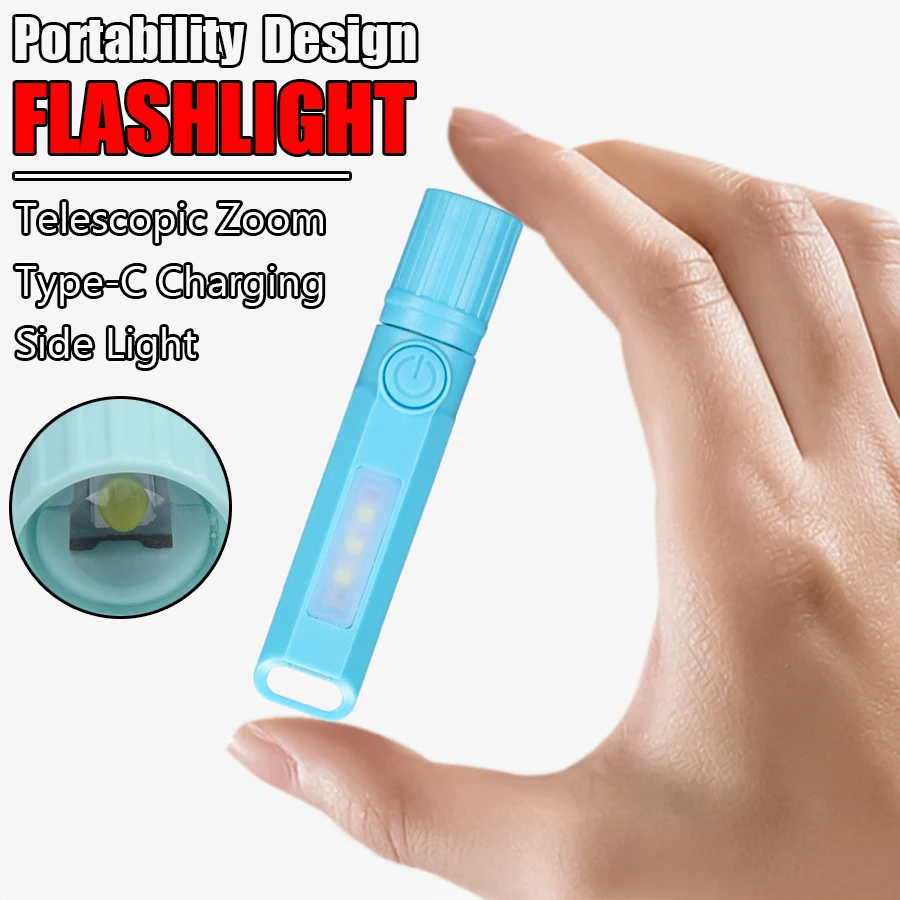F5 Mini Portable LED Flashlight Type-C Rechargeable Zoom Flashlight with COB Floodlight for Night Lighting Outdoor Camping Torch