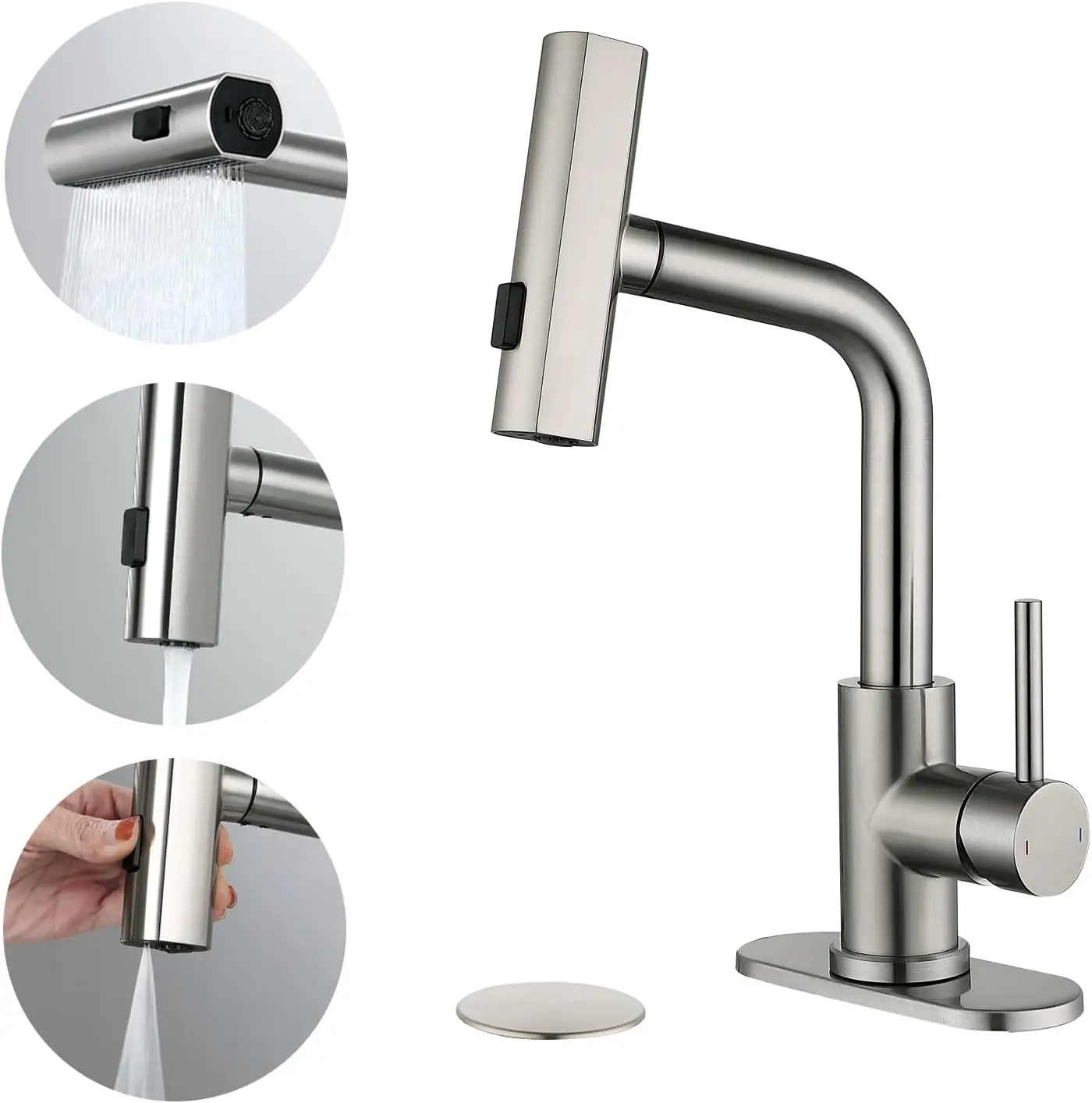 

Waterfall 13.3" Tall Bathroom Faucet with 3 Mode Pull Out Sprayer,Modern Laundry Bar Sink Faucet with Deck Plate,Single