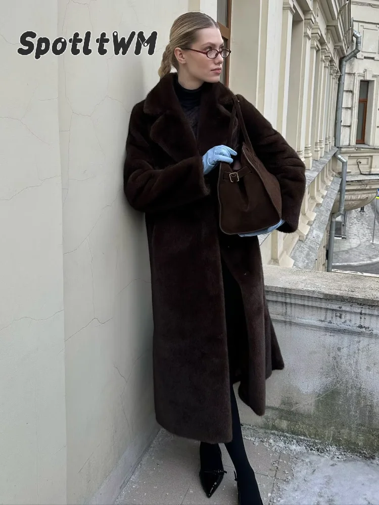 Elegant Women Solid Color Faux Fur Long Coat Notched Collar Belted Waist Loose Oversized Warm Winter Street Thick Outerwears New
