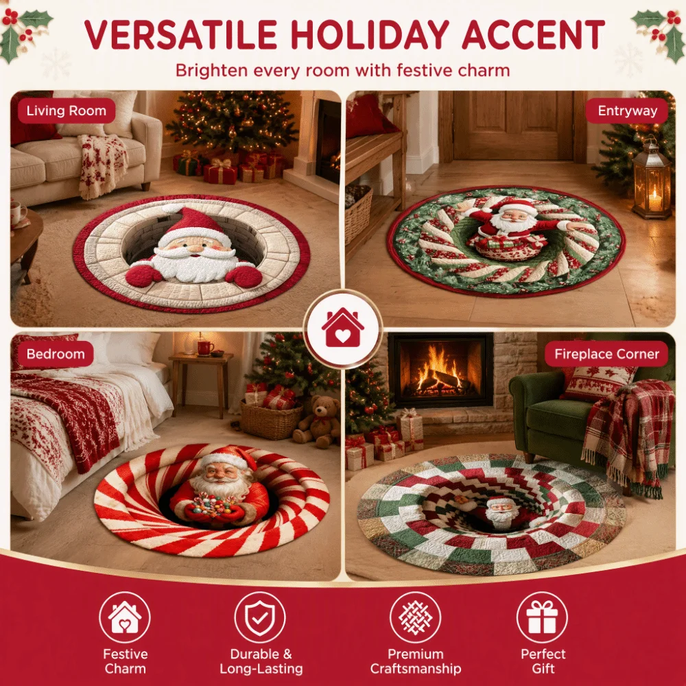 80cm 31.5in 3D Illusion Rug Santa Claus Non-Slip Round Vortex Carpet 2D Flat Printed Crystal Velvet Christmas Doormat Kitchen