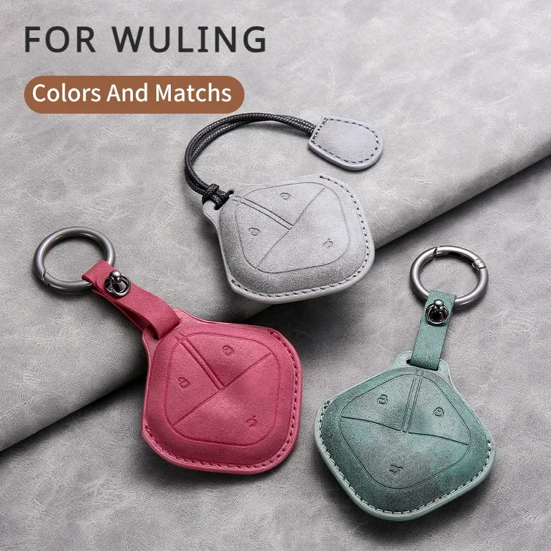 

Leather Car Key Case Cover Shell For SGMW Wuling BINGO Airev 2023 For Baojun Kiwi EV Remote Car Key Keychian Accessories