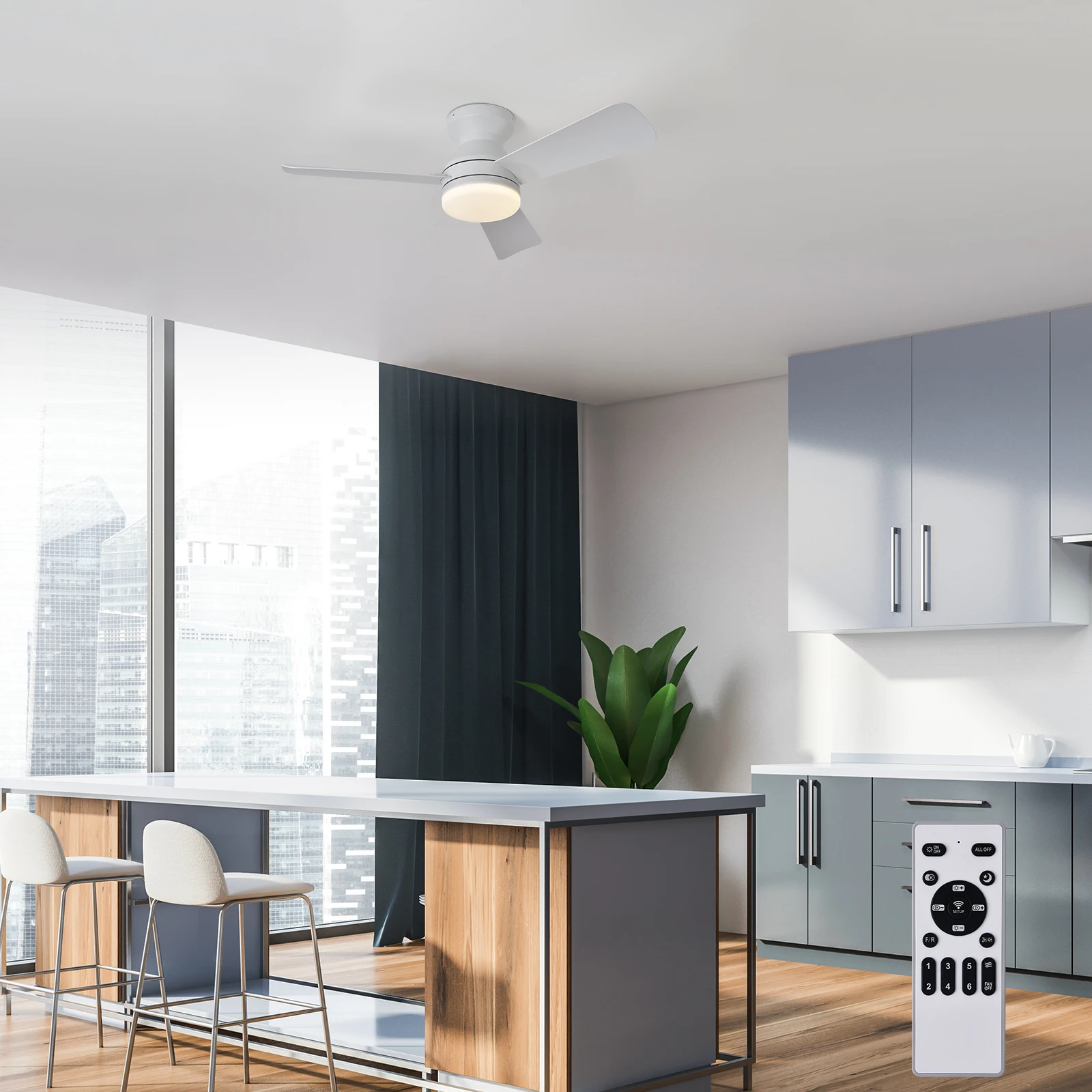 

33.86“ Ceiling Fans with Lights and Remote, LED Low Profile Flush Mount Ceiling Fan for Bedroom, Living Room, Patio, 3 Blades