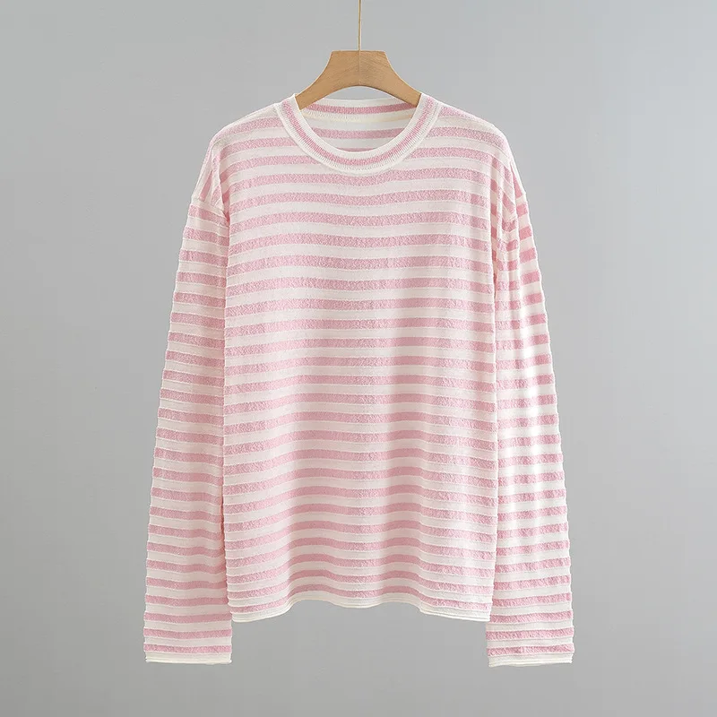 

2024 New Linen Cotton Round Neck Pullover Striped Knit Loose Top Women