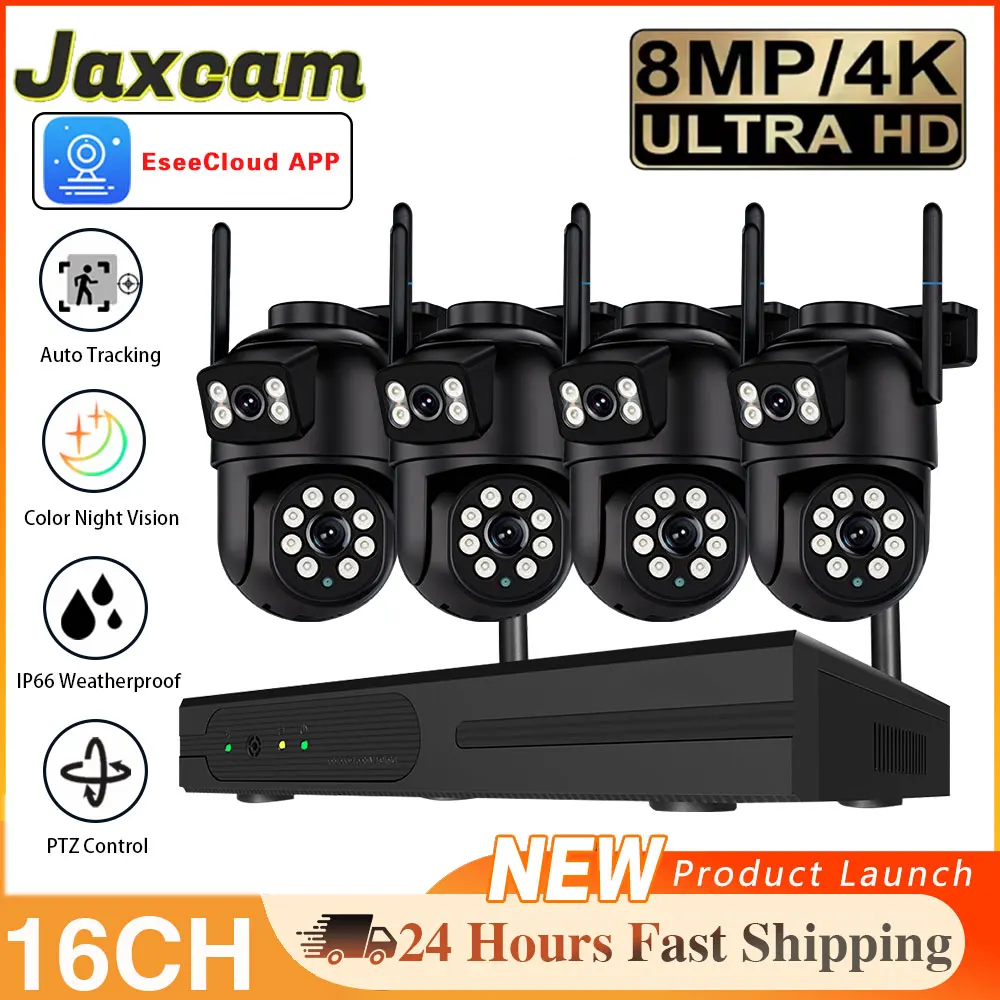 

EseeCloud 8MP Dual Lens PTZ H.265 Wireless CCTV System Two Way Audio Waterproof IP Security Camera 16CH NVR Surveillance System