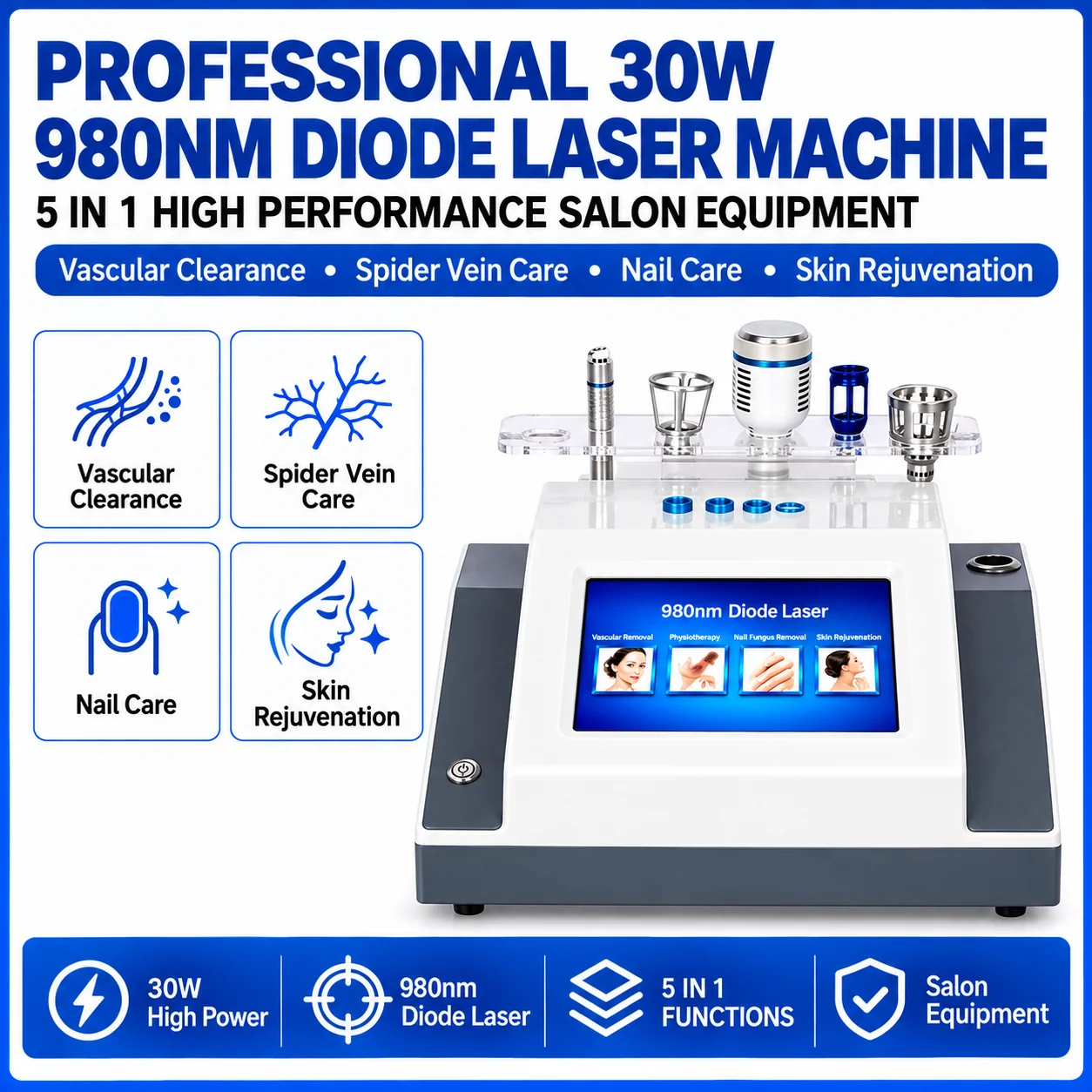 Professional 980nm 5 in 1 Diode Laser Machine Vascular Removal Spider Vein Nail Fungus Rejuvenation Anti-Inflammat Physiotherapy