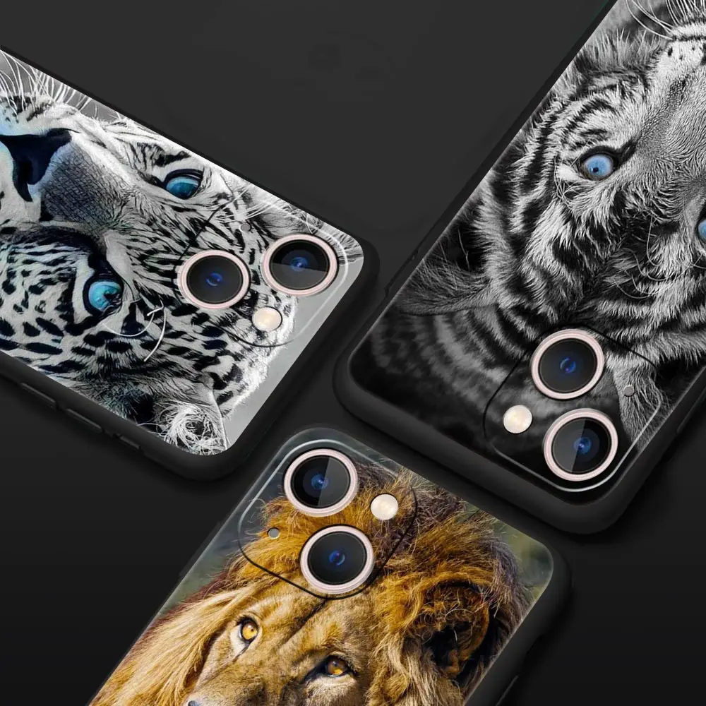 Tiger Lion Leopard For iPhone 11 12 13 15 16 14 Pro Max Phone Case X XR XS 7 8 Plus SE Luxury Black Silicone Cover Funda