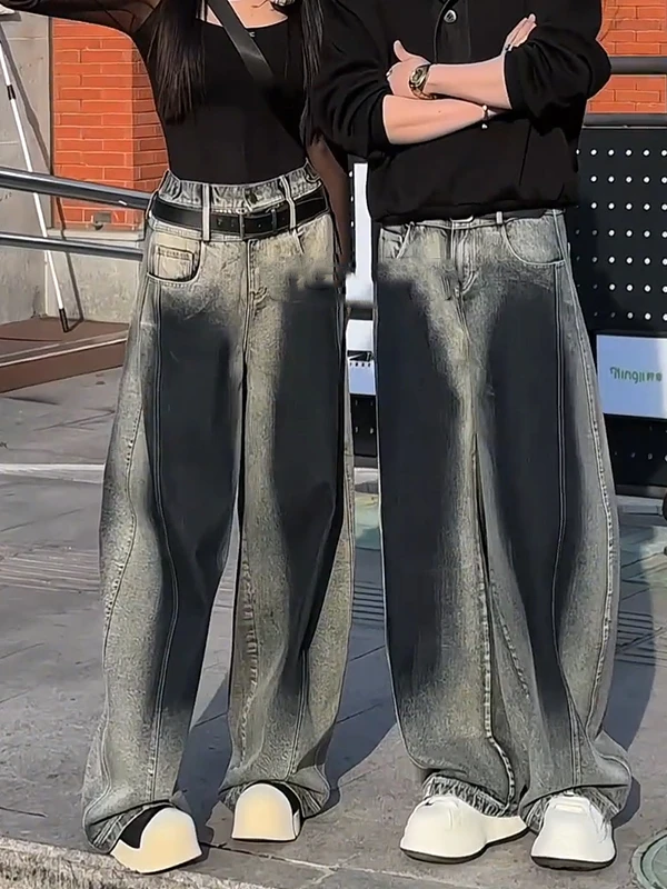 

Washed Gradient Men's Jeans Spring American High Street Wide Leg Pants Cool Streetwear Couple Matching Jeans Straight Cut Loo...