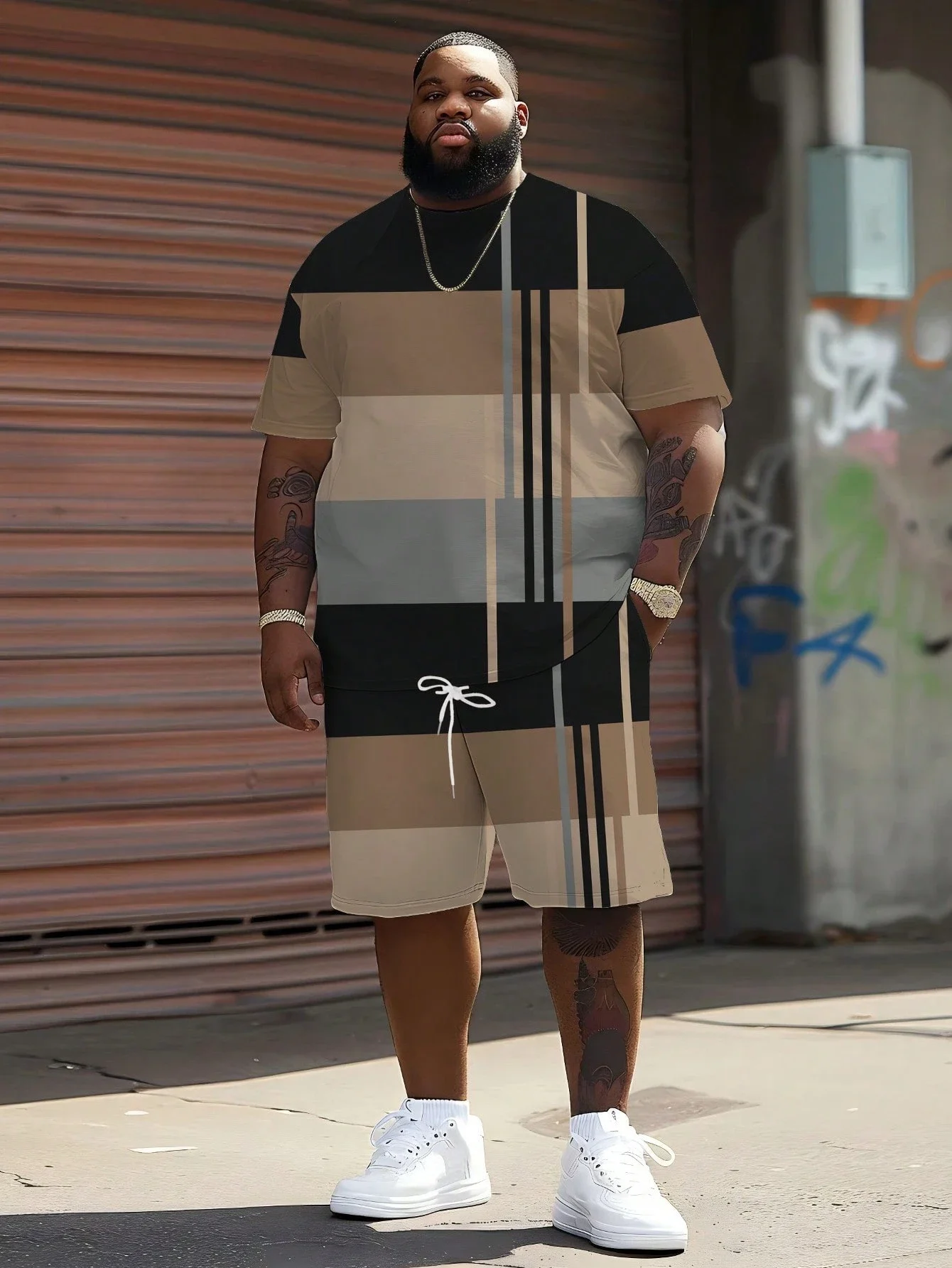 

Мужской комплект спортивной одежды с клетчатым принтом, трикотаж из полиэстера, шорты с круглым вырезом и завязками, большие размеры