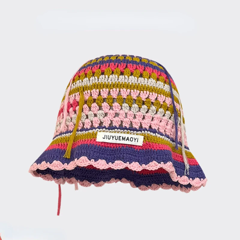 2024 Spring New Crochet Hat Korean Handmade Bucket Hat Women\'s Weaving Knitted Hat Y2k Fashion Flowers Autumn Winter Ins Beanies