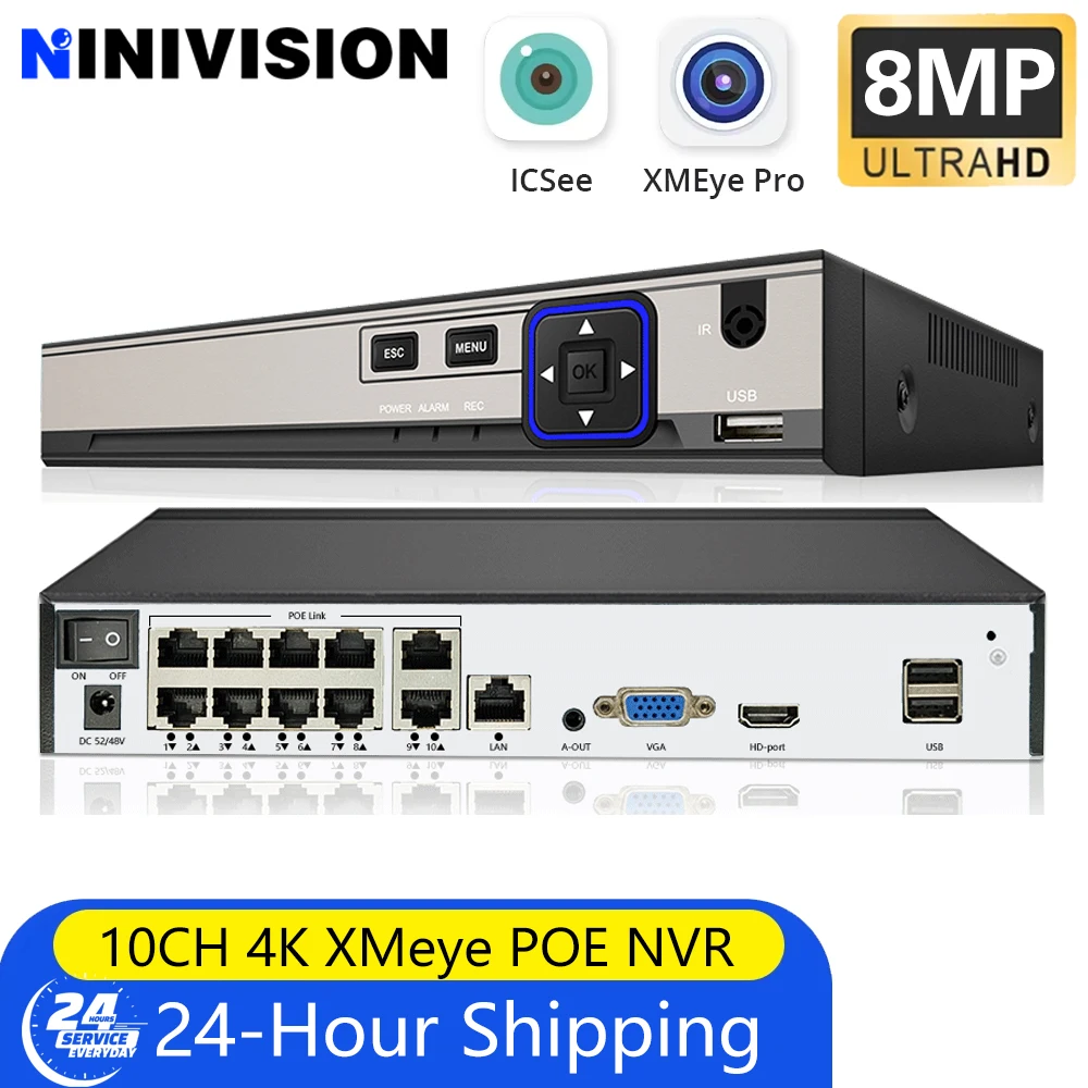 Face Detection H.265 10ch*4K 4ch/8ch PoE Network Video Recorder Surveillance PoE NVR 8/10Channel For HD 8MP 5MP IP Camera