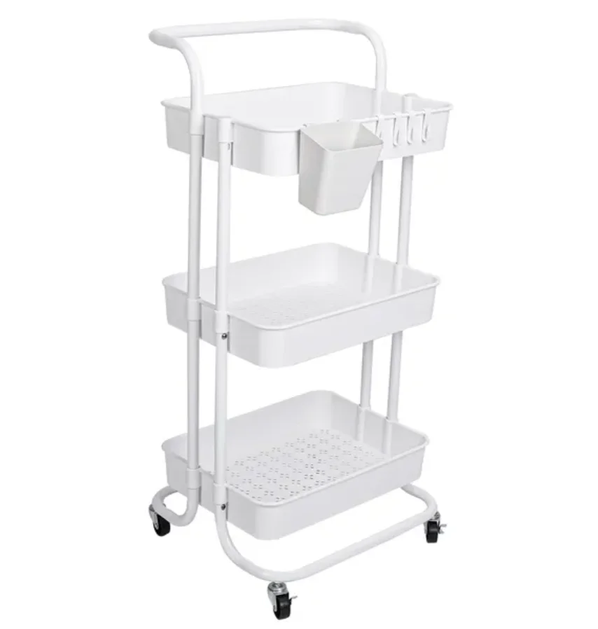 

3-Tier Rolling Cart: Mesh Baskets, Lockable 360° Wheels, Rotatable Hooks - Ideal for Bedroom, Bathroom, Kitchen